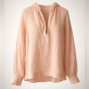 Masscob Morant Linen Top, raw linen, fringe V neck&cuffs, Peach, S